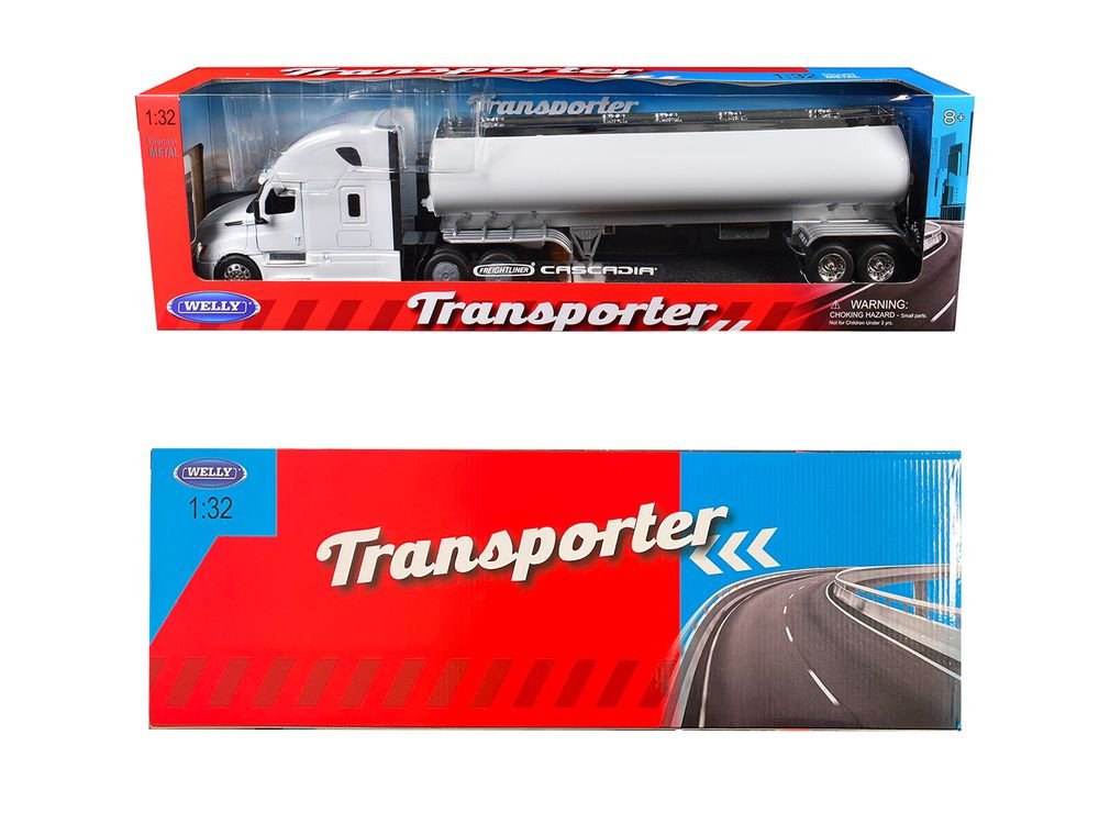Freightliner Cascadia Truck White with White Tanker Trailer "Transporter" Series 1/32 Diecast Model by Welly view 3