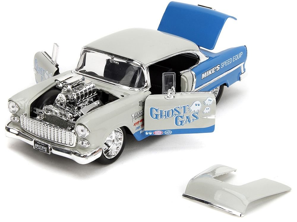 1955 Chevrolet Bel Air "Ghost Gas - Mike's Speed Equip" Light Gray and Blue "Bigtime Muscle" Series 1/24 Diecast Model Car by Jada view 2