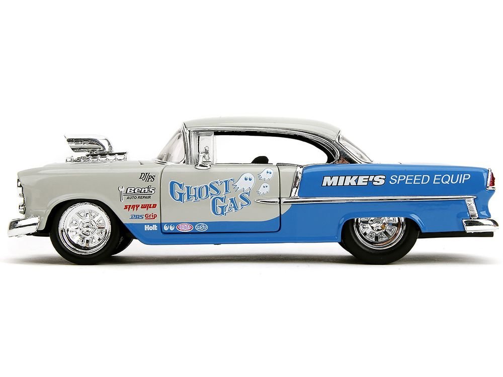 1955 Chevrolet Bel Air "Ghost Gas - Mike's Speed Equip" Light Gray and Blue "Bigtime Muscle" Series 1/24 Diecast Model Car by Jada view 3