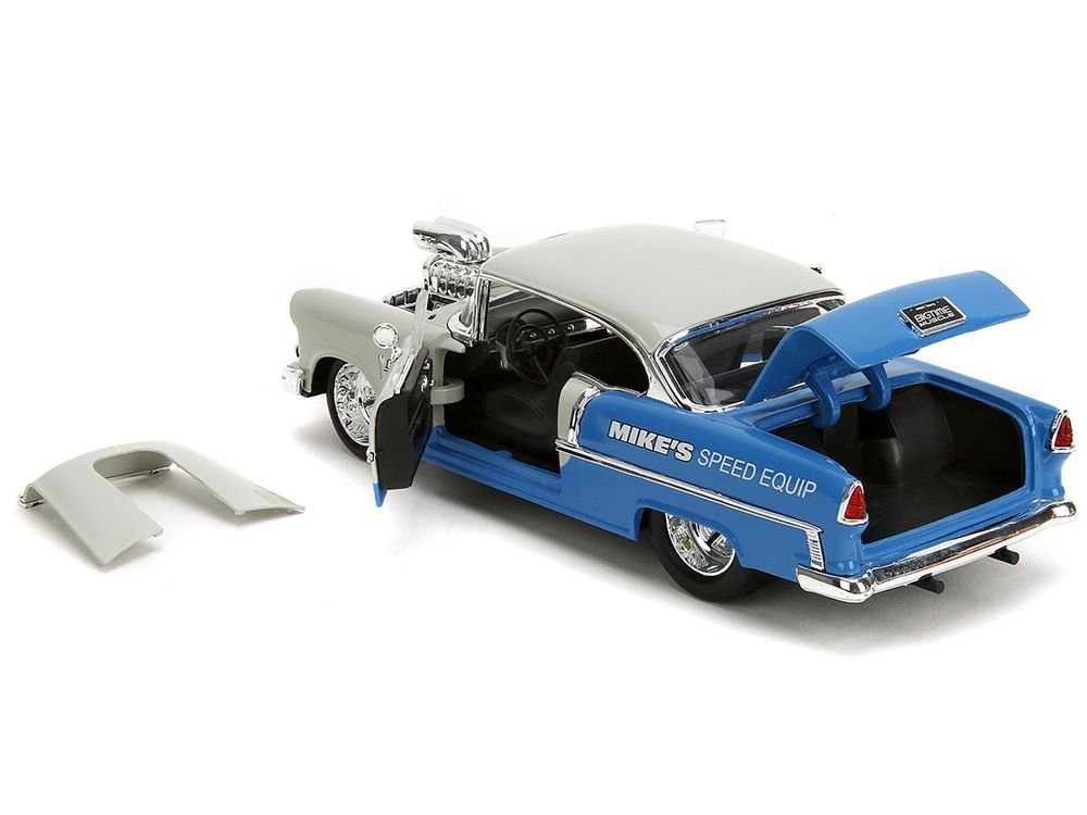 1955 Chevrolet Bel Air "Ghost Gas - Mike's Speed Equip" Light Gray and Blue "Bigtime Muscle" Series 1/24 Diecast Model Car by Jada view 4