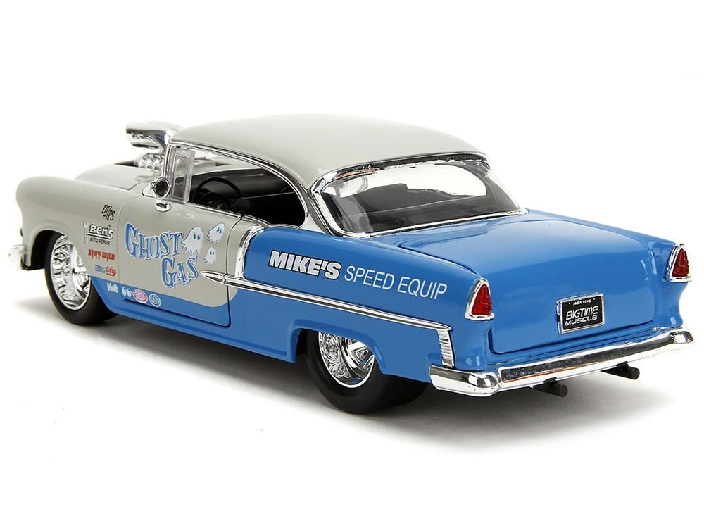 1955 Chevrolet Bel Air "Ghost Gas - Mike's Speed Equip" Light Gray and Blue "Bigtime Muscle" Series 1/24 Diecast Model Car by Jada view 5