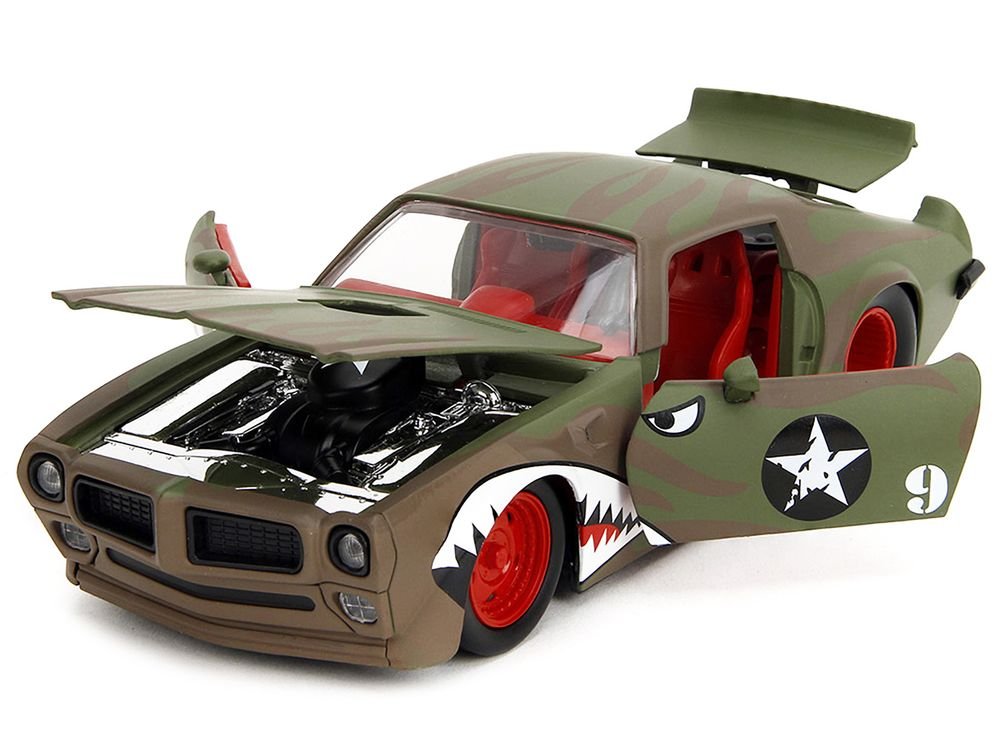 1972 Pontiac Firebird #9 Green Camouflage Flames with Graphics and Red Interior "Bigtime Muscle" Series 1/24 Diecast Model Car by Jada view 2