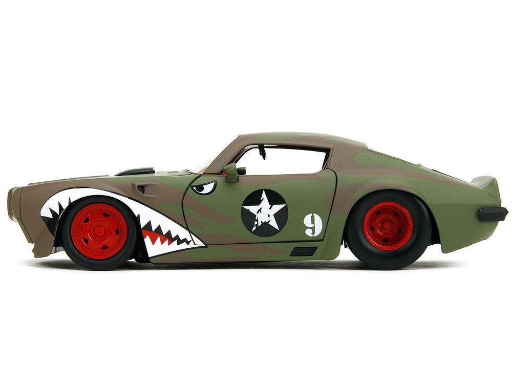 1972 Pontiac Firebird #9 Green Camouflage Flames with Graphics and Red Interior "Bigtime Muscle" Series 1/24 Diecast Model Car by Jada view 3
