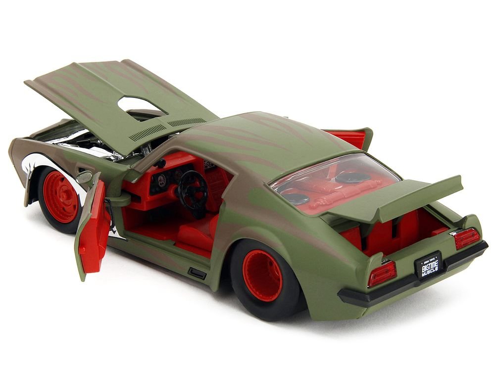 1972 Pontiac Firebird #9 Green Camouflage Flames with Graphics and Red Interior "Bigtime Muscle" Series 1/24 Diecast Model Car by Jada view 4