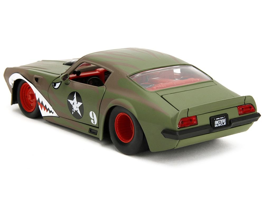 1972 Pontiac Firebird #9 Green Camouflage Flames with Graphics and Red Interior "Bigtime Muscle" Series 1/24 Diecast Model Car by Jada view 5