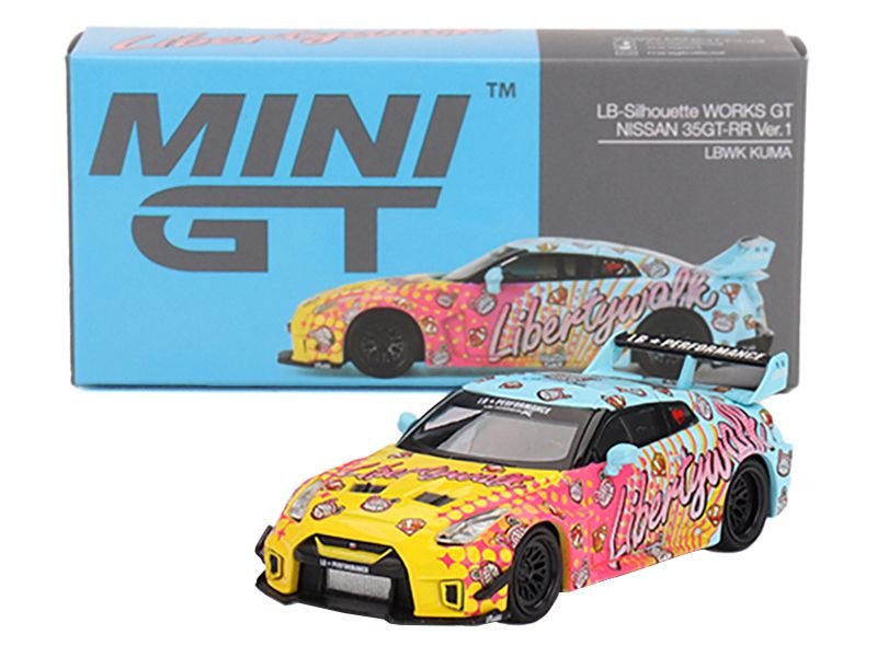 Nissan 35GT-RR Ver.1 "LB-Silhouette Works GT" Light Blue and Yellow with Graphics "LBWK KUMA" Limited Edition 1/64 Diecast Model Car by Mini GT view 4
