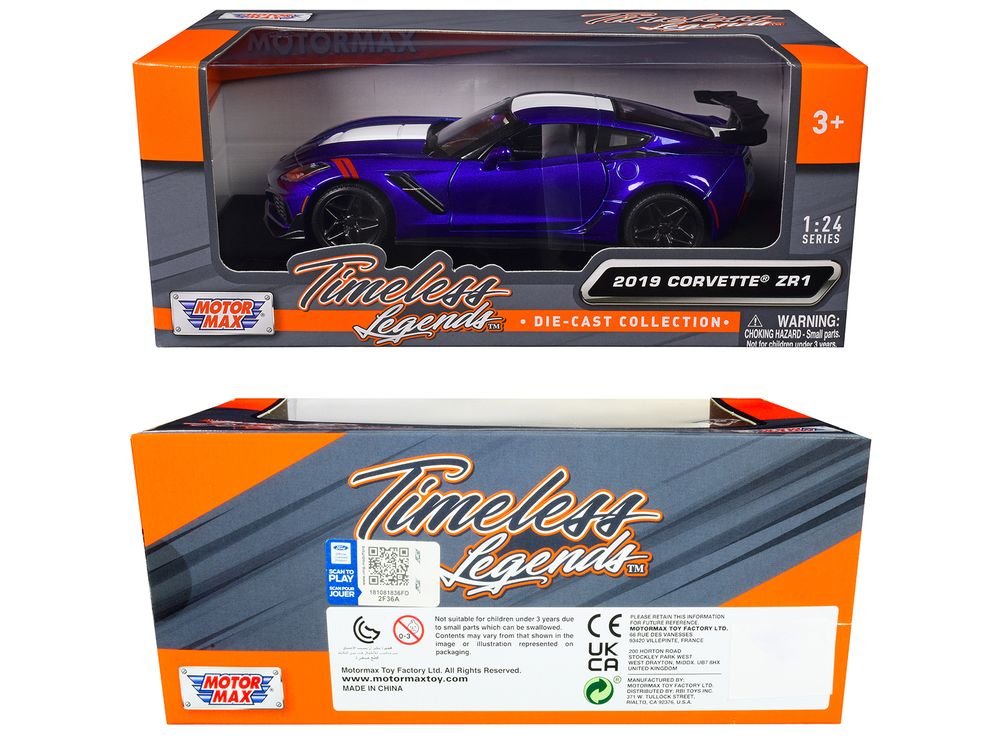 2019 Chevrolet Corvette ZR1 Blue Metallic and White "Timeless Legends" Series 1/24 Diecast Model Car by Motormax view 3