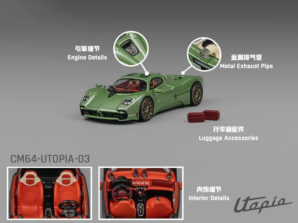 Pagani Utopia Green Metallic 1/64 Diecast Model Car by CM Model view 2