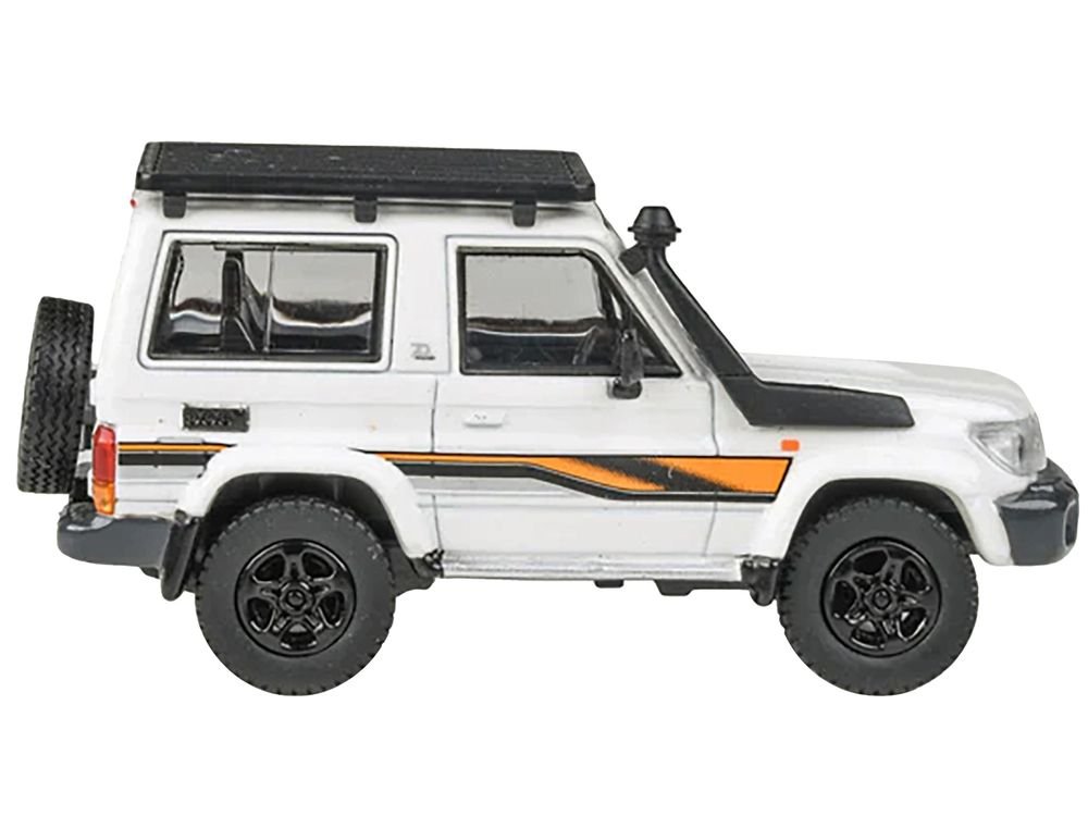 2023 Toyota Land Cruiser 71 White "70th Anniversary" with Stripes and Roofrack 1/64 Diecast Model Car by Paragon Models view 2