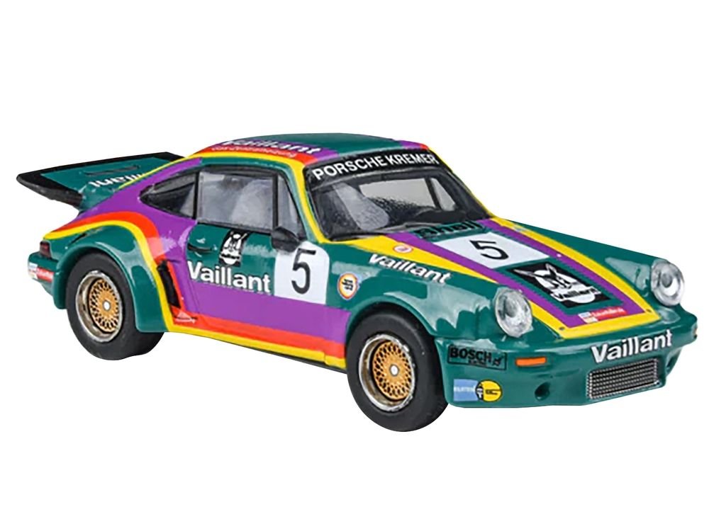 1975 Porsche 911 Carrera RSR 3.0 #5 "Kremer Racing - Vaillant" Green with Stripes 1/64 Diecast Model Car by Paragon Models view 2