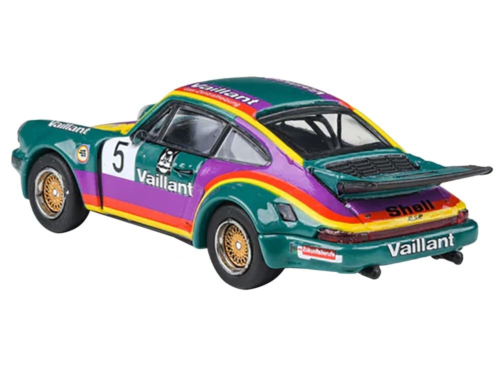1975 Porsche 911 Carrera RSR 3.0 #5 "Kremer Racing - Vaillant" Green with Stripes 1/64 Diecast Model Car by Paragon Models view 3