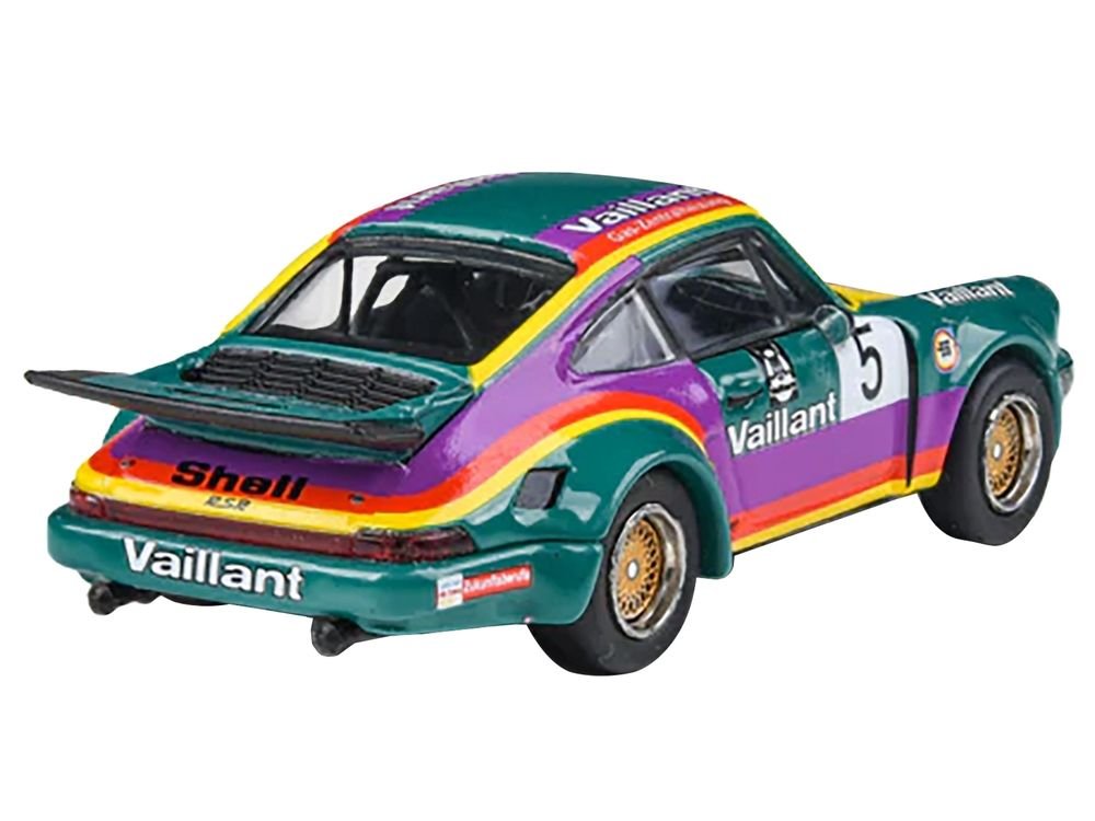 1975 Porsche 911 Carrera RSR 3.0 #5 "Kremer Racing - Vaillant" Green with Stripes 1/64 Diecast Model Car by Paragon Models view 4