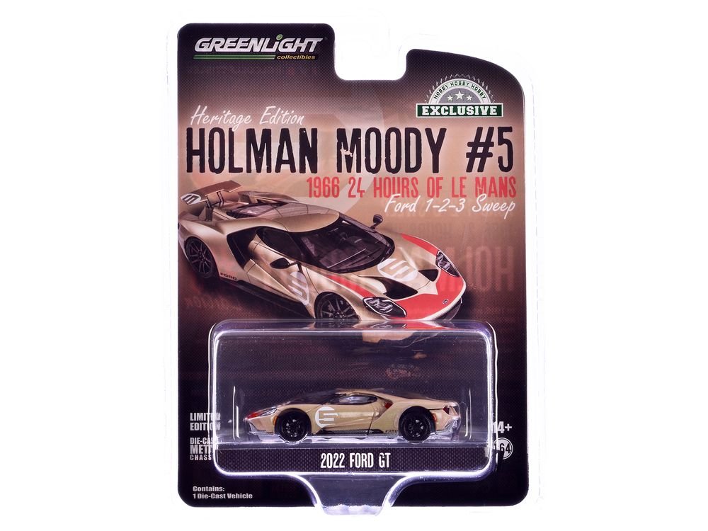 2022 Ford GT Heritage Edition #5 Holman-Moody "1966 24 Hours of Le Mans Ford 1-2-3 Sweep Tribute" Gold Metallic with Red Accents "Hobby Exclusive" Series 1/64 Diecast Model Car by Greenlight view 3