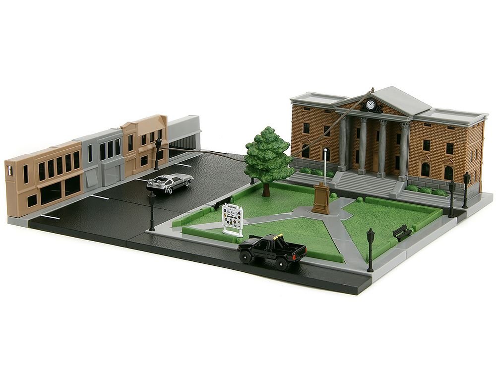 Hill Valley Courthouse Diorama with Black Pickup Truck and Delorean "Back to the Future" (1985) Movie "Nano Scene" Series Model by Jada view 2
