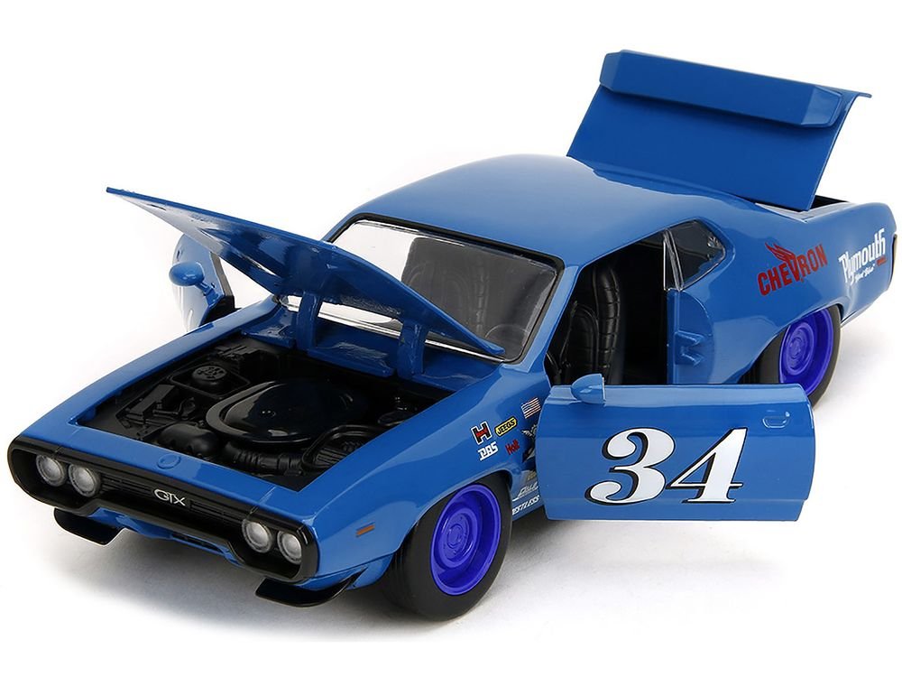 1972 Plymouth GTX #34 Blue with Graphics "Bigtime Muscle" Series 1/24 Diecast Model Car by Jada view 2