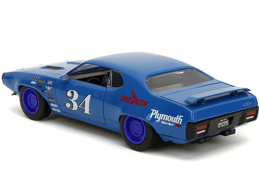 1972 Plymouth GTX #34 Blue with Graphics "Bigtime Muscle" Series 1/24 Diecast Model Car by Jada view 5