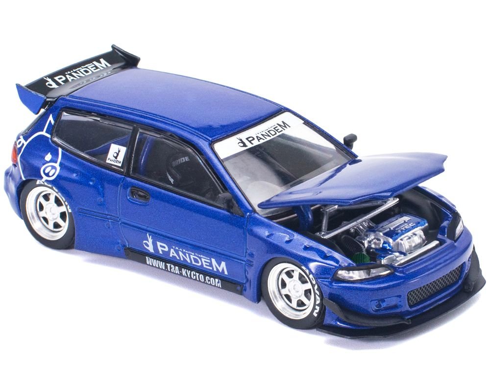 Pandem Civic EG6 RHD (Right Hand Drive) Blue Metallic 1/64 Diecast Model Car by Pop Race view 3
