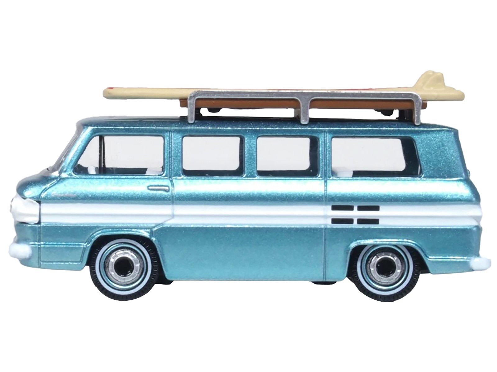 1961 Chevrolet Corvair Greenbrier Passenger Wagon Van Turquoise Metallic and Cameo White with Surfboards on Roof 1/87 (HO) Scale Diecast Model Car by Oxford Diecast view 2