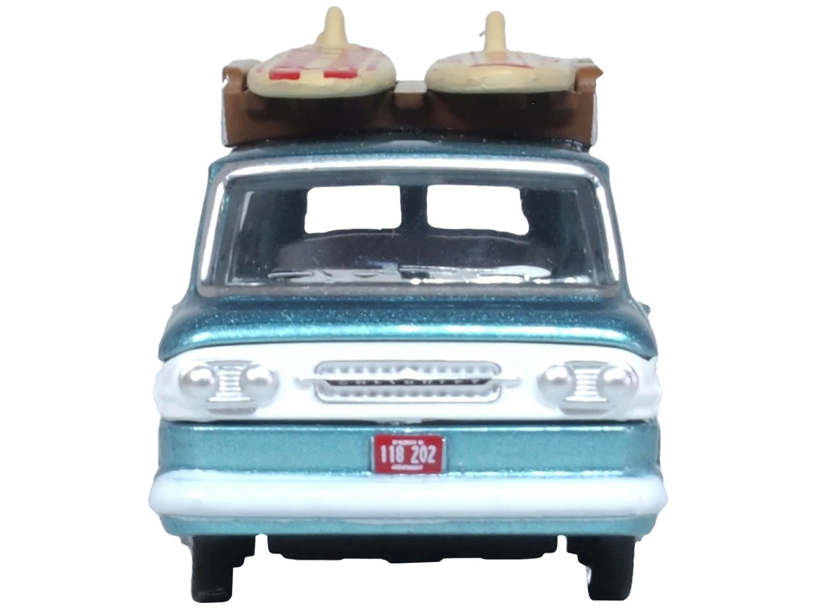 1961 Chevrolet Corvair Greenbrier Passenger Wagon Van Turquoise Metallic and Cameo White with Surfboards on Roof 1/87 (HO) Scale Diecast Model Car by Oxford Diecast view 3