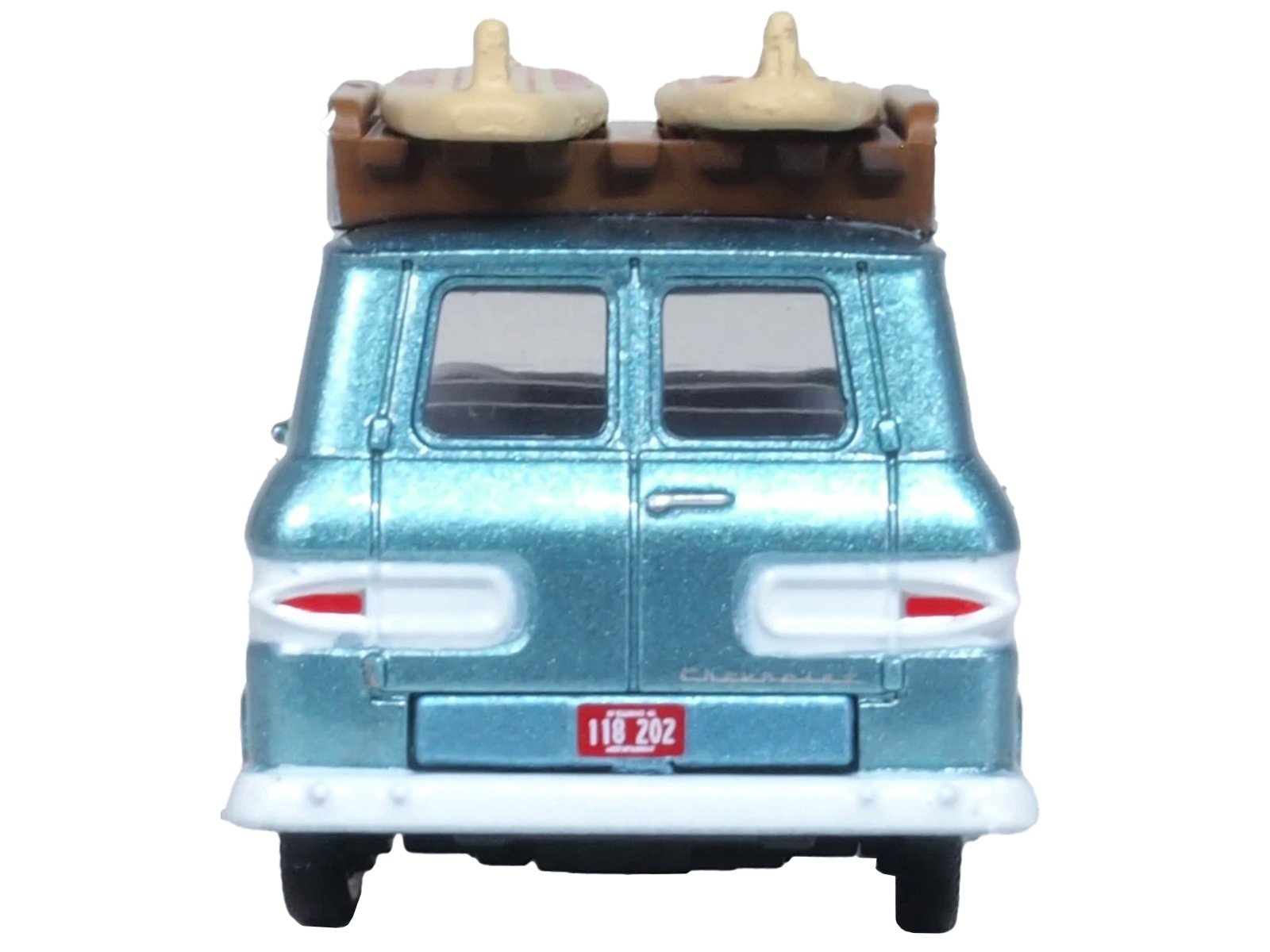 1961 Chevrolet Corvair Greenbrier Passenger Wagon Van Turquoise Metallic and Cameo White with Surfboards on Roof 1/87 (HO) Scale Diecast Model Car by Oxford Diecast view 4