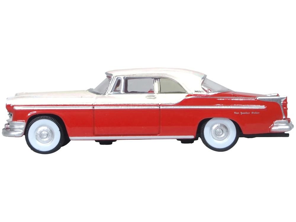 1955 Chrysler New Yorker Deluxe St. Regis Tango Red and Platinum Metallic 1/87 (HO) Scale Diecast Model Car by Oxford Diecast view 4