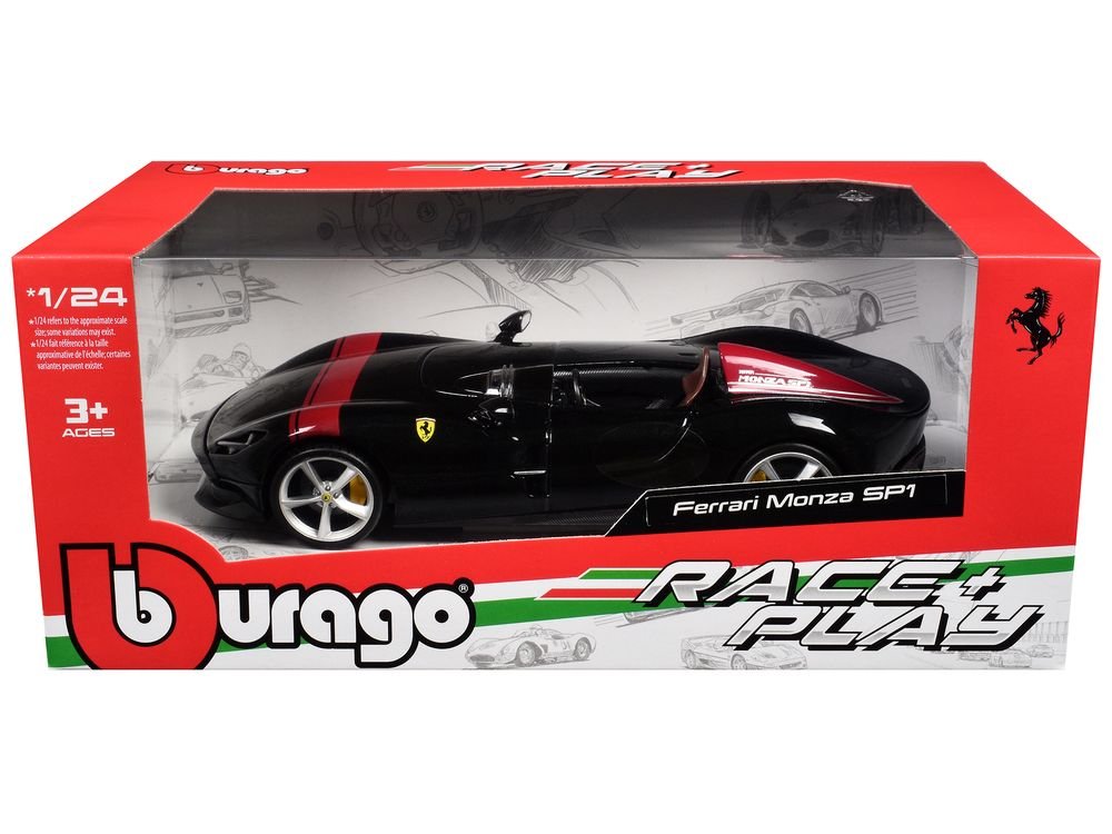 Ferrari Monza SP1 Black Metallic with Red Stripes "Race & Play" Series 1/24 Diecast Model Car by Bburago view 3