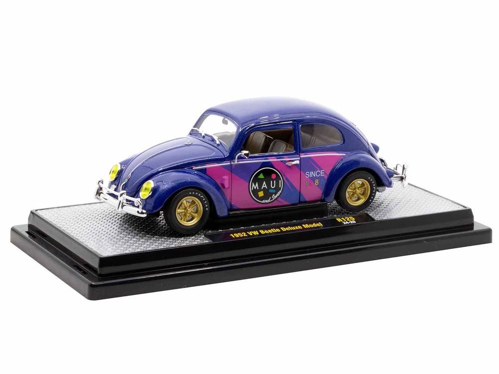 1952 Volkswagen Beetle Deluxe Model "Maui & Sons" Purple Metallic with Graphics Limited Edition to 6650 pieces Worldwide 1/24 Diecast Model Car by M2 Machines view 2