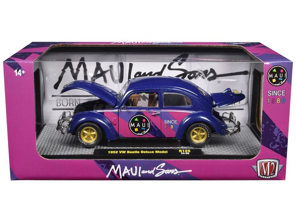 1952 Volkswagen Beetle Deluxe Model "Maui & Sons" Purple Metallic with Graphics Limited Edition to 6650 pieces Worldwide 1/24 Diecast Model Car by M2 Machines view 3