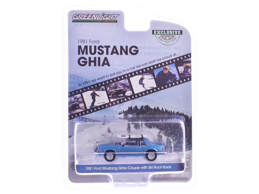 1981 Ford Mustang Ghia Coupe Blue Glow Metallic with Ski Roof Rack "Hobby Exclusive" Series 1/64 Diecast Model Car by Greenlight view 3