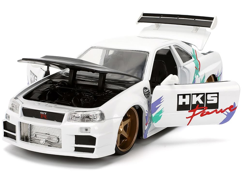 2002 Nissan Skyline GT-R (R34) RHD (Right Hand Drive) "HKS Power" White with Carbon Hood and Graphics "JDM Tuners" Series 1/24 Diecast Model Car by Jada view 2