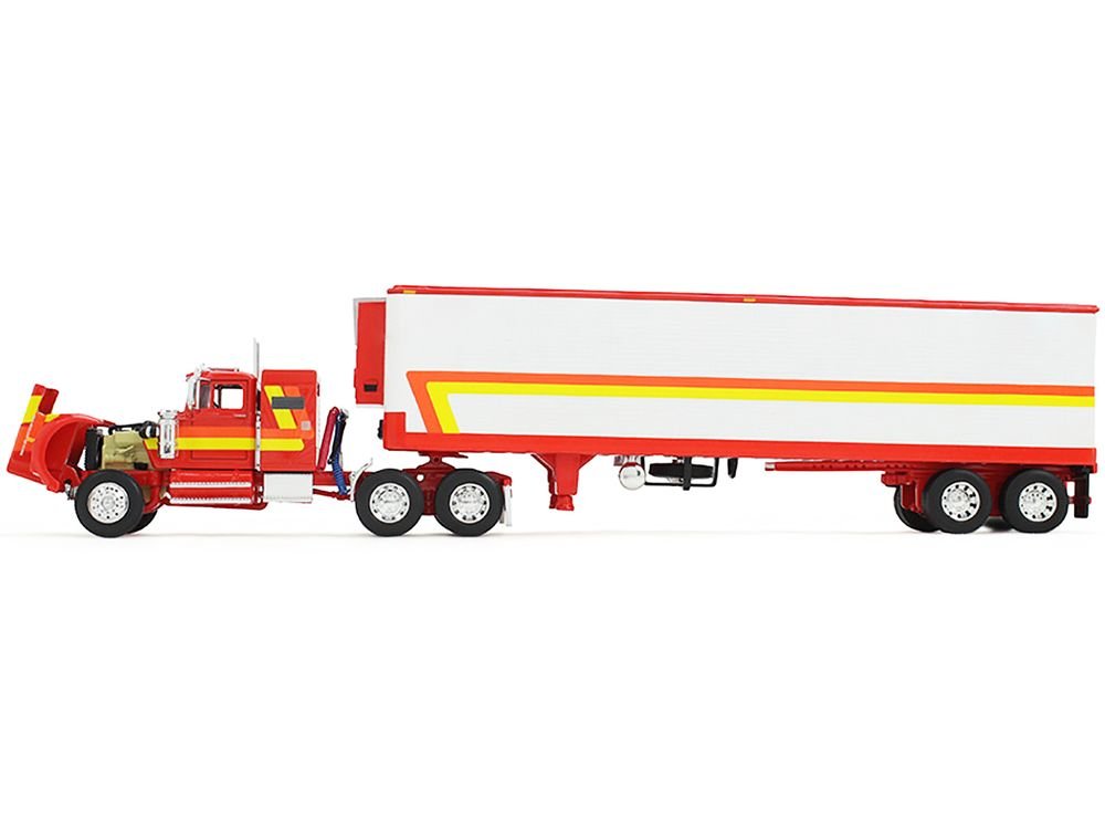 White Western Star 4900 with 36" Vintage Flat Top Sleeper and Wilson 40' Vintage Refridgerated Trailer Red and White with Stripes 1/64 Diecast Model by DCP/First Gear view 2
