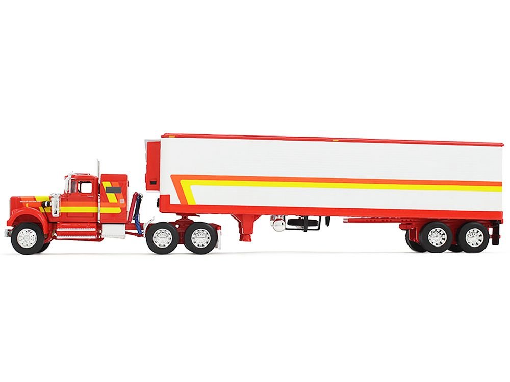 White Western Star 4900 with 36" Vintage Flat Top Sleeper and Wilson 40' Vintage Refridgerated Trailer Red and White with Stripes 1/64 Diecast Model by DCP/First Gear view 3