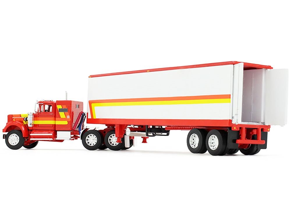 White Western Star 4900 with 36" Vintage Flat Top Sleeper and Wilson 40' Vintage Refridgerated Trailer Red and White with Stripes 1/64 Diecast Model by DCP/First Gear view 4