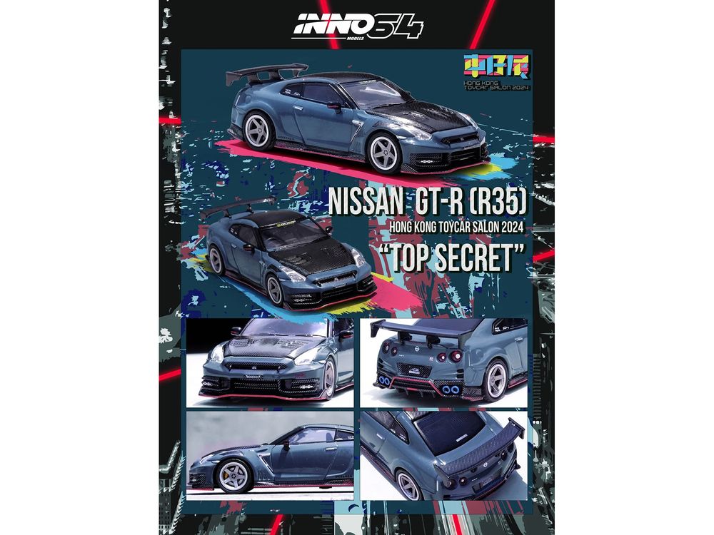 2024 Nissan GT-R (R35) Nismo "Top Secret" RHD (Right Hand Drive) Gray with Carbon Hood and Top "Hong Kong Toy Car Salon 2024 Special Edition" 1/64 Diecast Model Car by Inno Models view 3