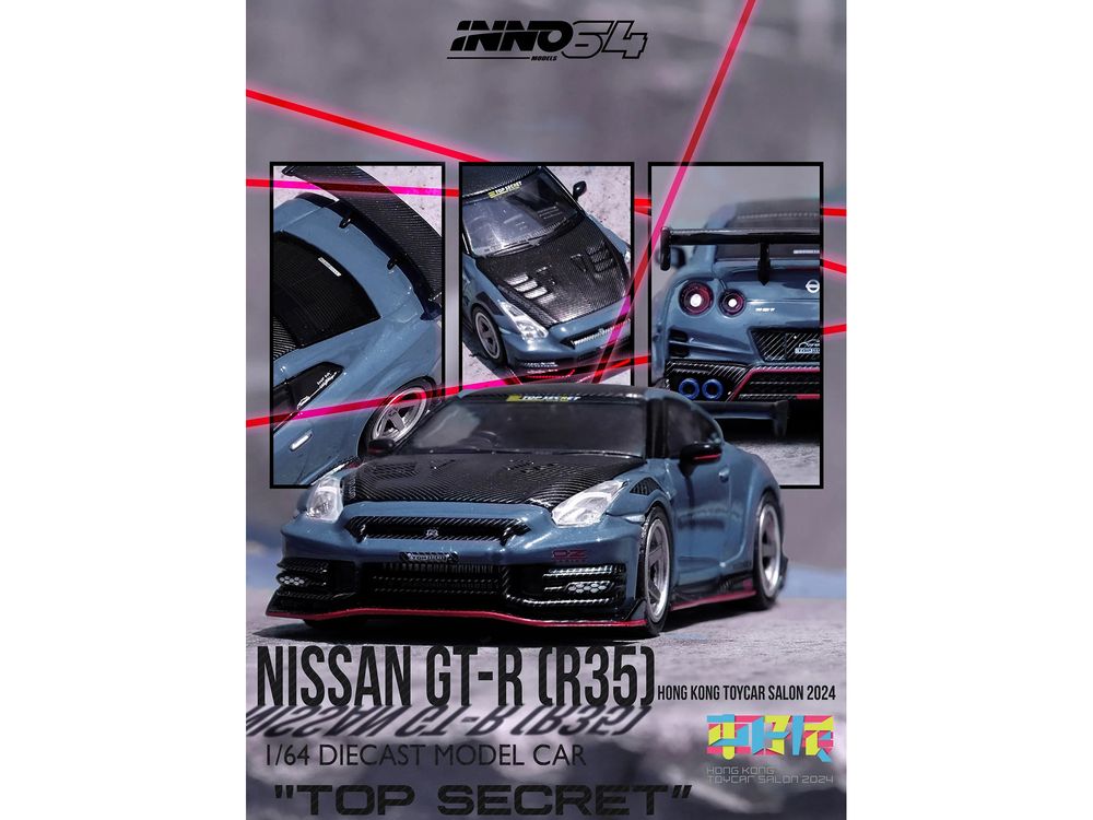 2024 Nissan GT-R (R35) Nismo "Top Secret" RHD (Right Hand Drive) Gray with Carbon Hood and Top "Hong Kong Toy Car Salon 2024 Special Edition" 1/64 Diecast Model Car by Inno Models view 4