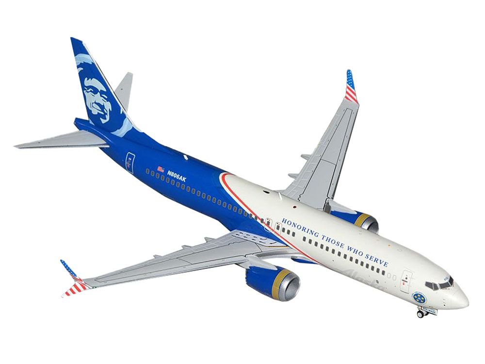 Boeing 737 MAX 8 Commercial Aircraft "Alaska Airlines - Honoring Those Who Serve" (N806AK) White and Blue "Gemini 200" Series 1/200 Diecast Model Airplane by GeminiJets view 2