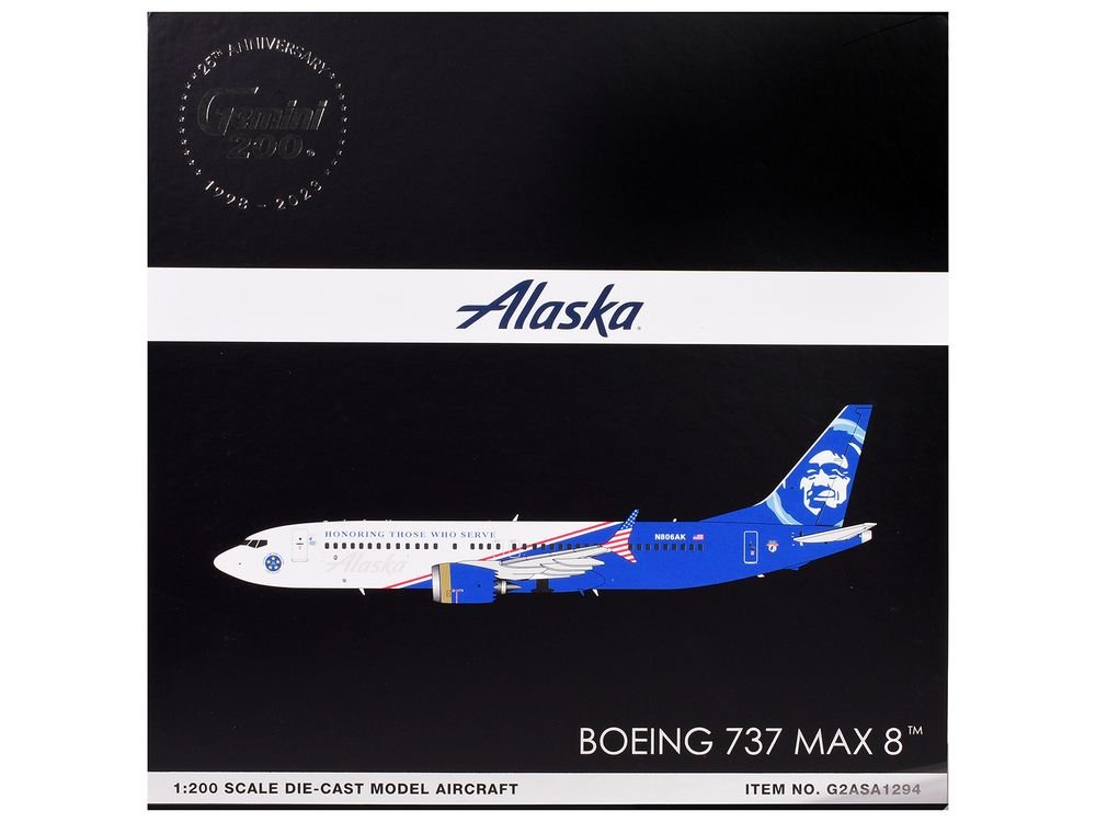 Boeing 737 MAX 8 Commercial Aircraft "Alaska Airlines - Honoring Those Who Serve" (N806AK) White and Blue "Gemini 200" Series 1/200 Diecast Model Airplane by GeminiJets view 3