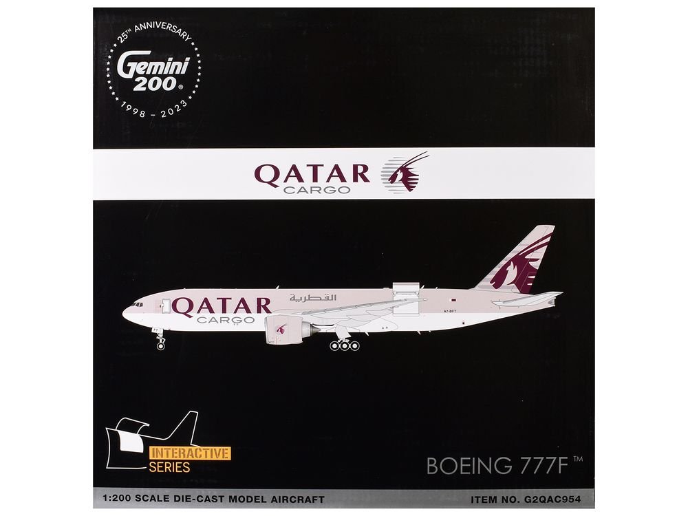Boeing 777F Commercial Aircraft "Qatar Cargo" (A7-BFT) Gray with Tail Graphics "Gemini 200 - Interactive" Series 1/200 Diecast Model Airplane by GeminiJets view 3