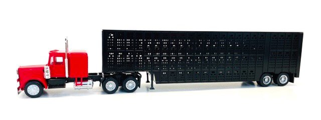 Peterbilt with Sleeper Cab Red with Black Livestock Trailer 1/87 (HO) Plastic Model Car by Promotex view 2
