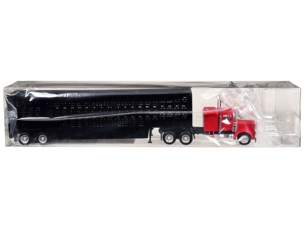 Peterbilt with Sleeper Cab Red with Black Livestock Trailer 1/87 (HO) Plastic Model Car by Promotex view 3