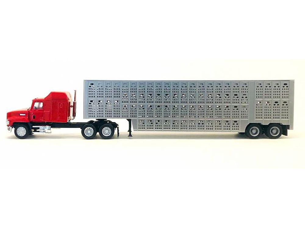 Mack CH 613 with Sleeper Cab Red with Silver Livestock Trailer 1/87 (HO) Plastic Model Car by Promotex view 2