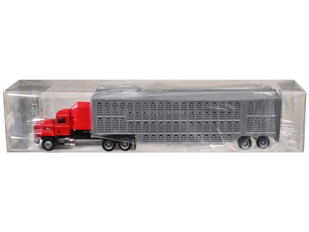 Mack CH 613 with Sleeper Cab Red with Silver Livestock Trailer 1/87 (HO) Plastic Model Car by Promotex view 3