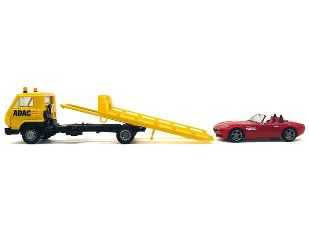 Flatbed Tow Truck "ADAC" Yellow and BMW Z4 Convertible Red Set of 2 pieces 1/87 (HO) Plastic Model Cars by Promotex view 2