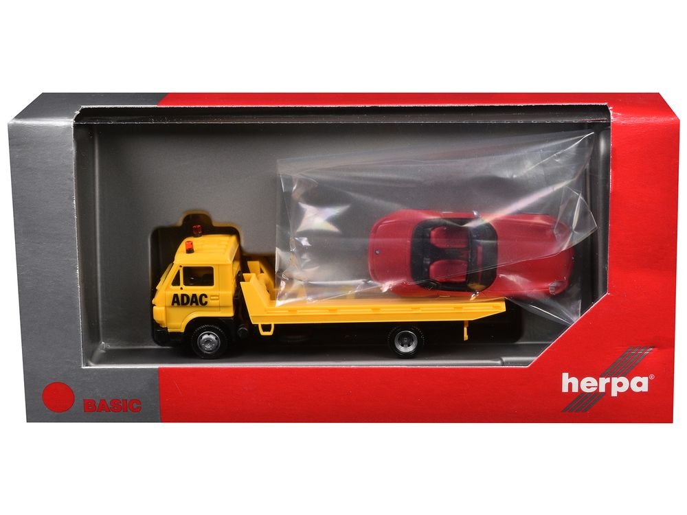 Flatbed Tow Truck "ADAC" Yellow and BMW Z4 Convertible Red Set of 2 pieces 1/87 (HO) Plastic Model Cars by Promotex view 3