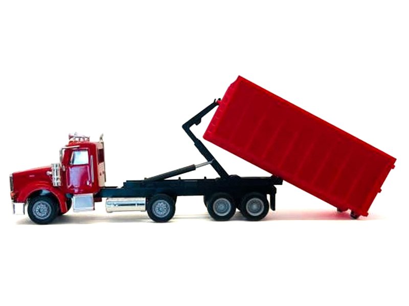 Peterbilt 367 Roll-Off Dump Truck Red with Red Box 1/87 (HO) Plastic Model Car by Promotex view 2
