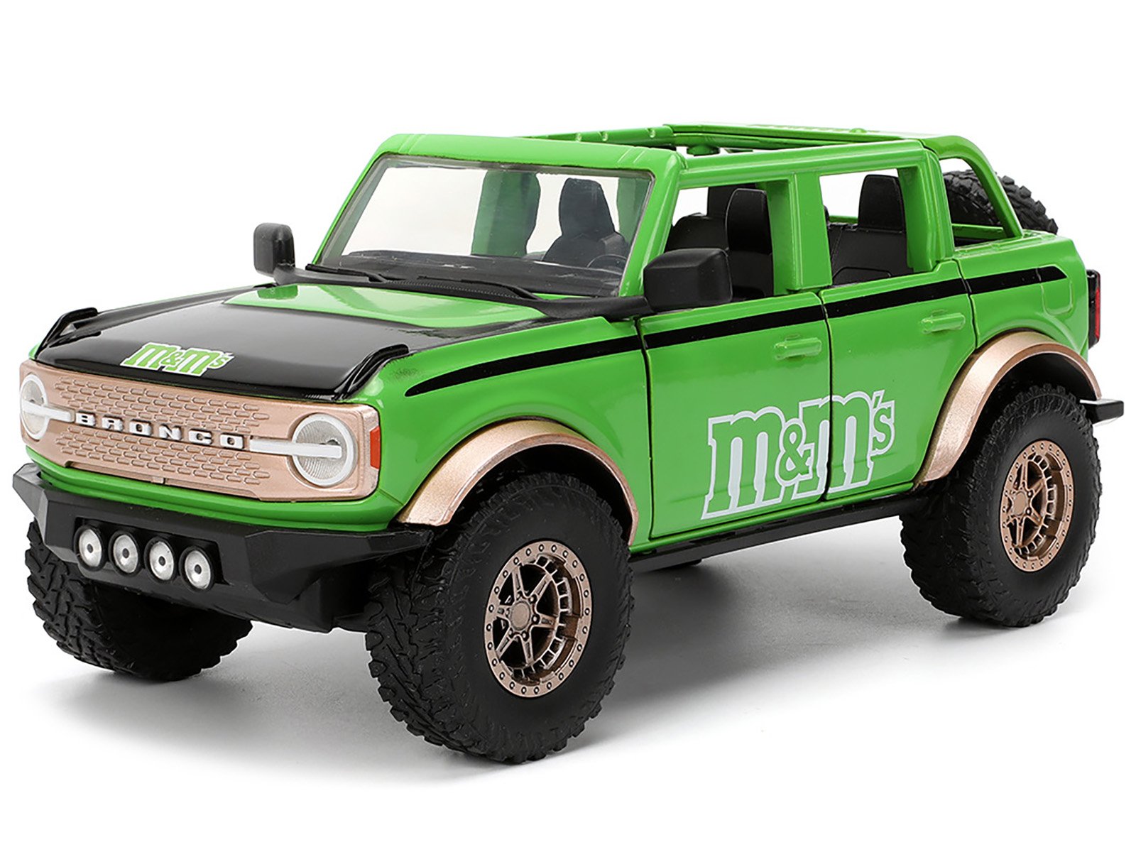 2021 Ford Bronco Green with Black Stripes and Green M&M's Diecast Figure "Hollywood Rides" Series 1/24 Diecast Model Car by Jada view 2