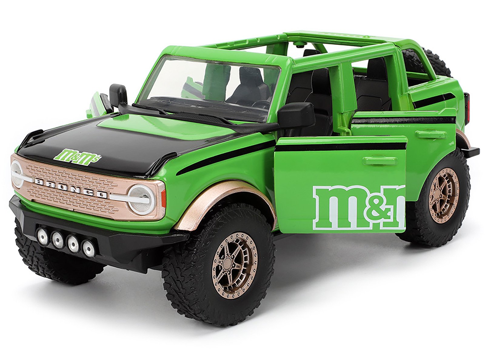 2021 Ford Bronco Green with Black Stripes and Green M&M's Diecast Figure "Hollywood Rides" Series 1/24 Diecast Model Car by Jada view 3