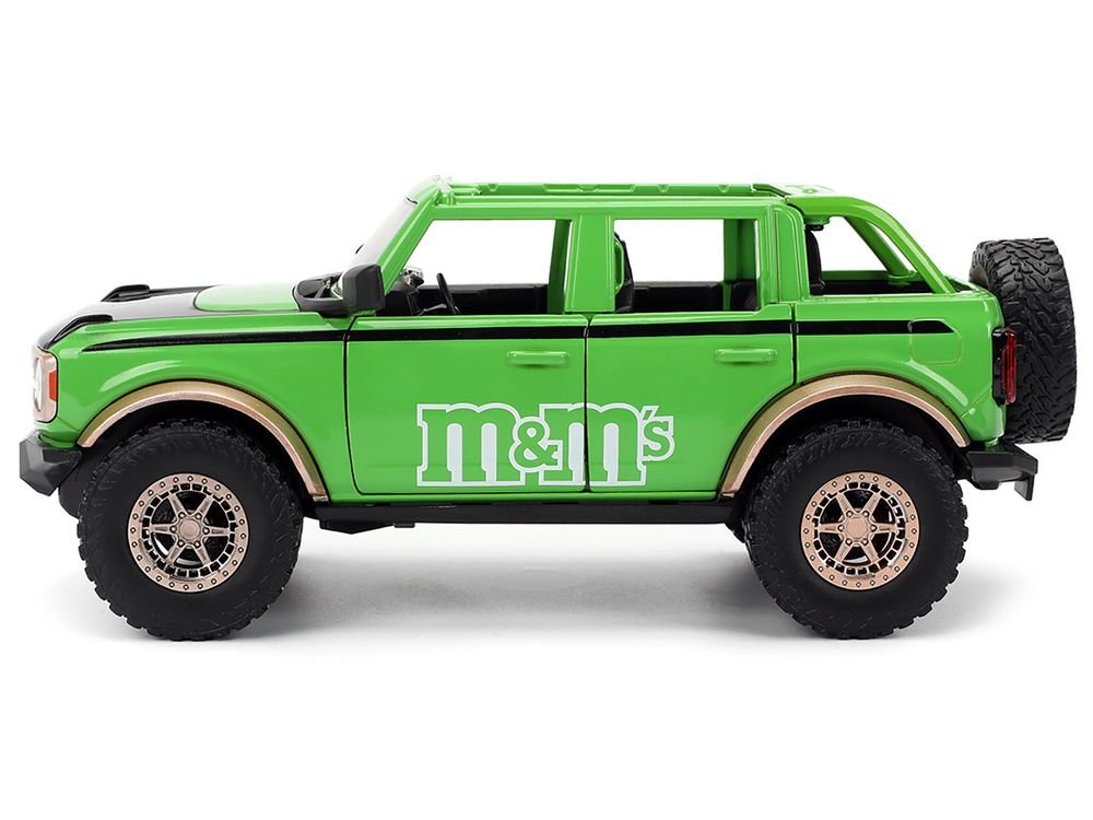 2021 Ford Bronco Green with Black Stripes and Green M&M's Diecast Figure "Hollywood Rides" Series 1/24 Diecast Model Car by Jada view 4