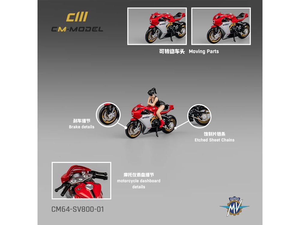 MV Agusta Superveloce 800 Motorcycle Red and Silver with Figure 1/64 Diecast Model by CM Model view 5