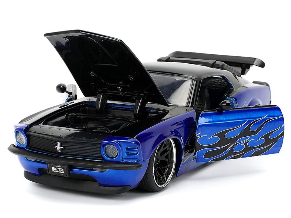 1970 Ford Mustang Boss 429 Black and Blue Metallic with Flames "Bigtime Muscle" Series 1/24 Diecast Model Car by Jada view 2